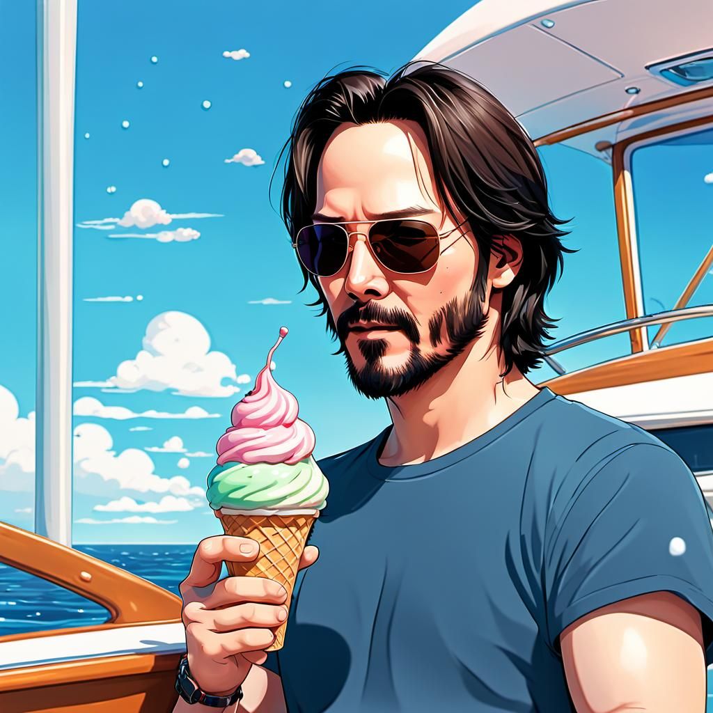Chibi Keanu Reeves Enjoys Ice Cream on Yacht
