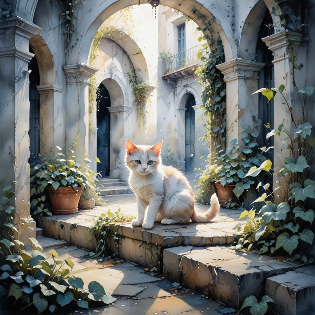 Moonlit Courtyard Haven with Curious Kitten