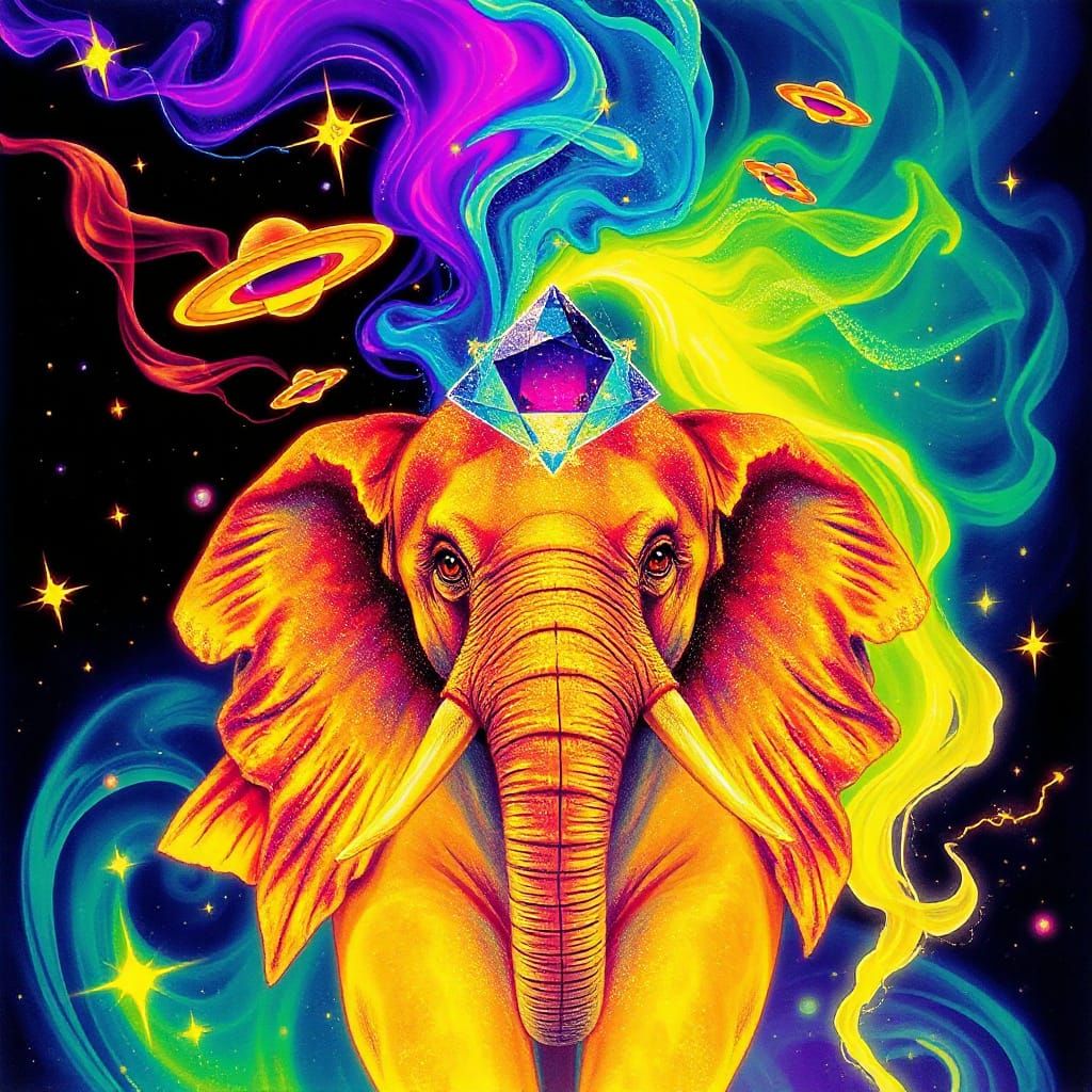 Wise Angelic Elephant in Psychedelic Abstract Style