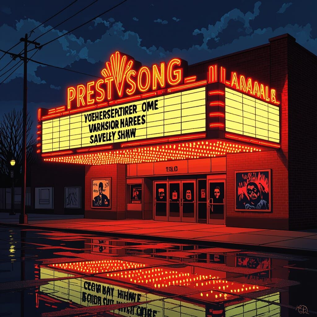 Retro Theater Marquee with 80s Horror Movie Poster