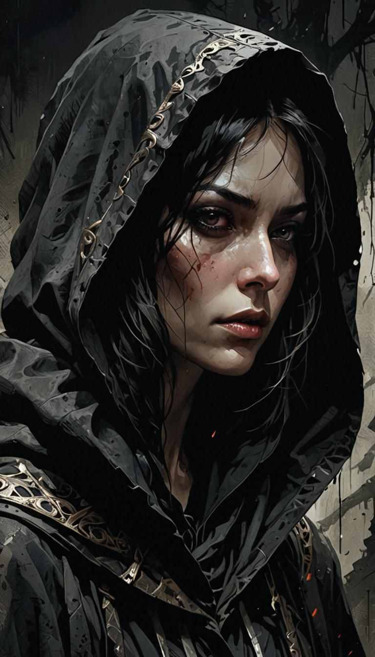 Mystical Dark Figure in Shadows: Distressed Illustration