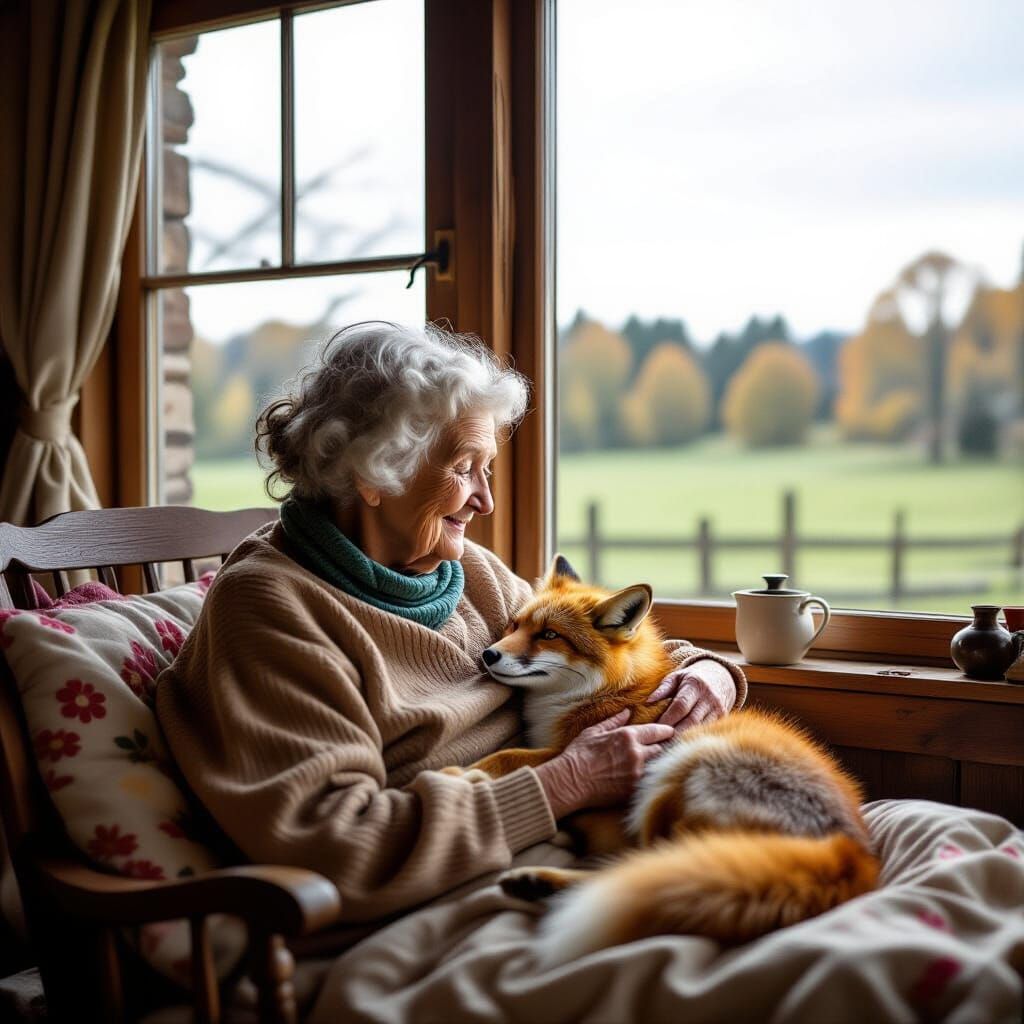 Elderly Woman Tends to Fox in Countryside Home