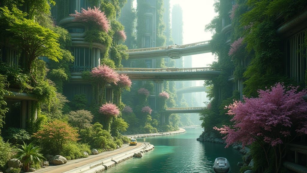 Solarpunk Canyon City with Waterfalls and Lush Greenery