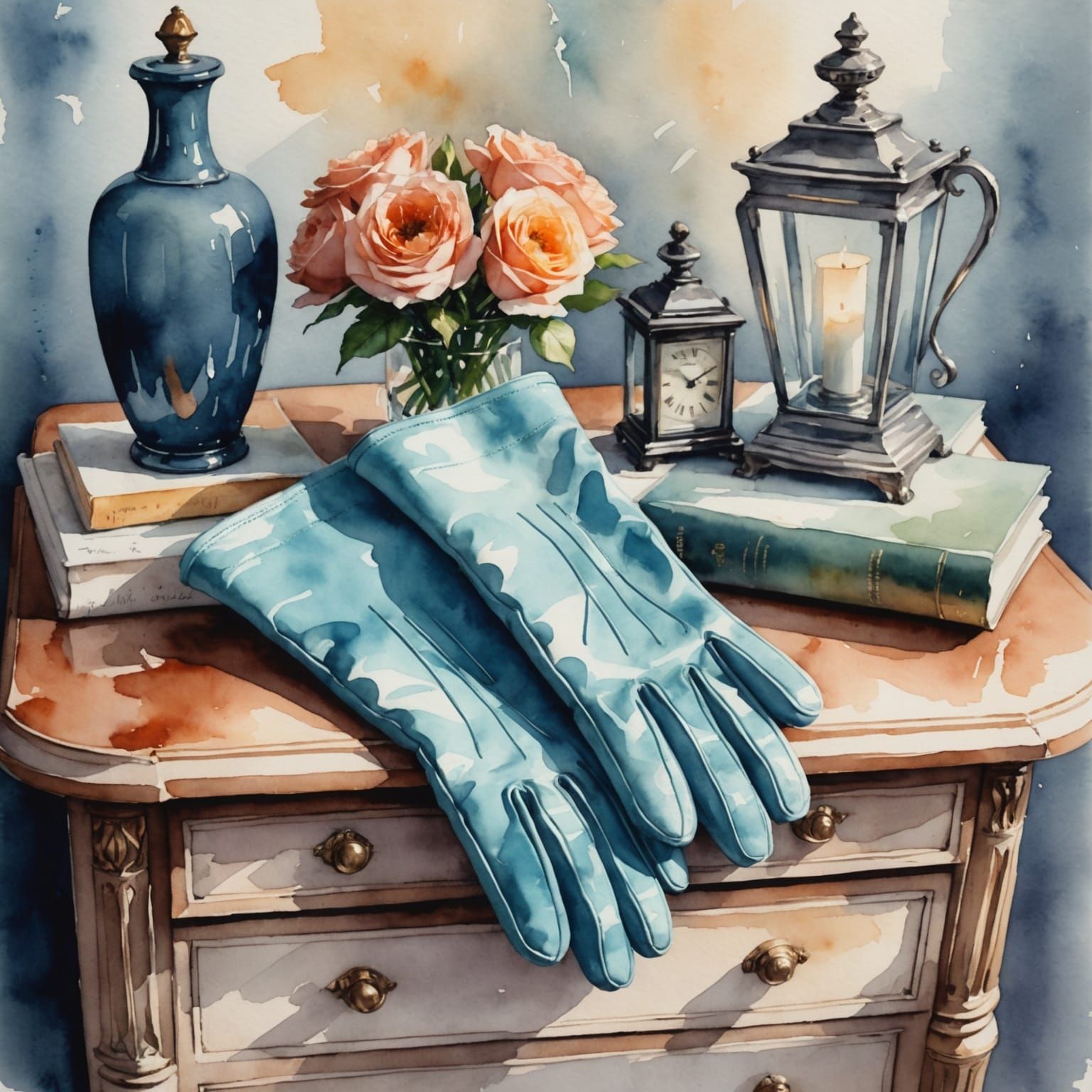Elegant Watercolor Gloves on Nightstand