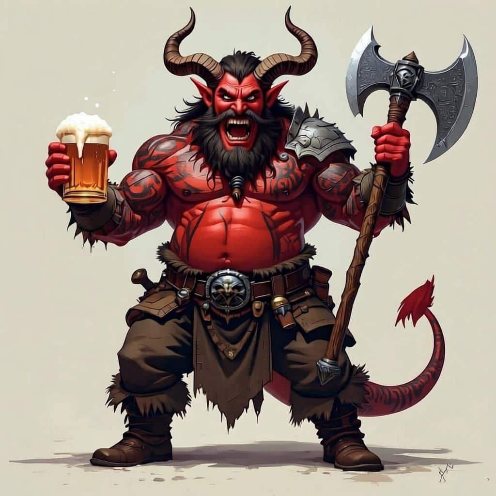 Red Tiefling Barbarian With Beer And Axe