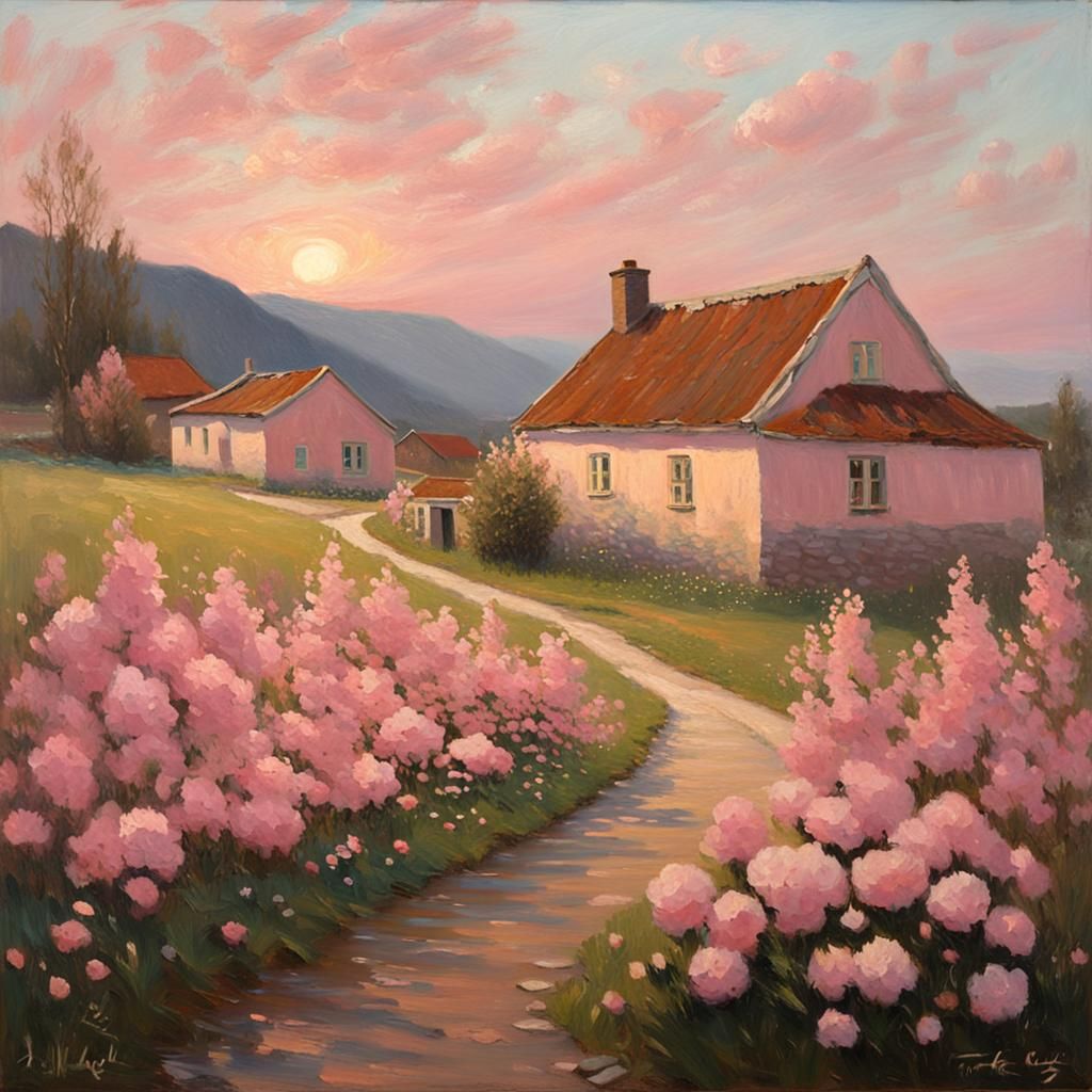Pink Norwegian Village in Morning Light