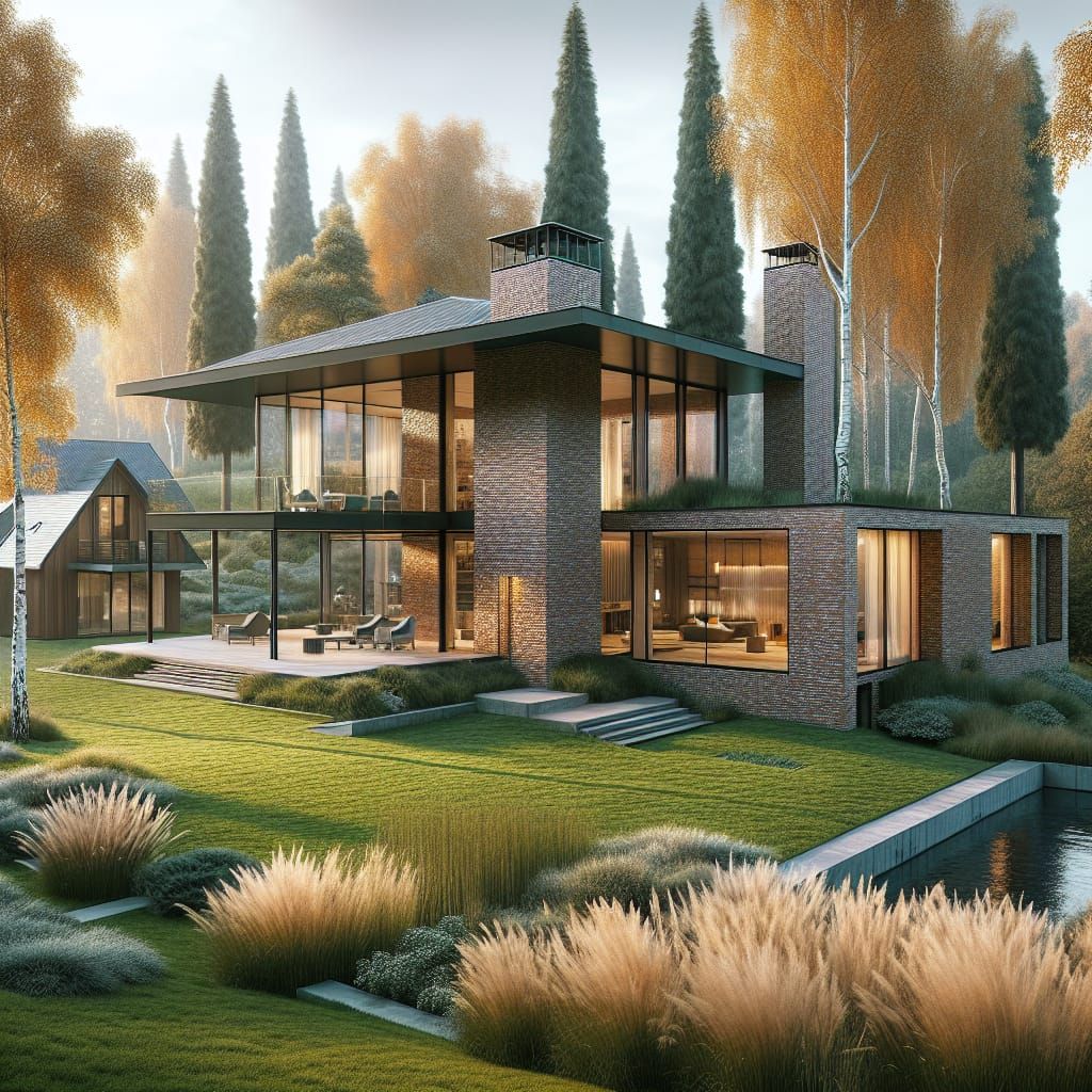 Contemporary Brick and Glass House in Picturesque Landscape