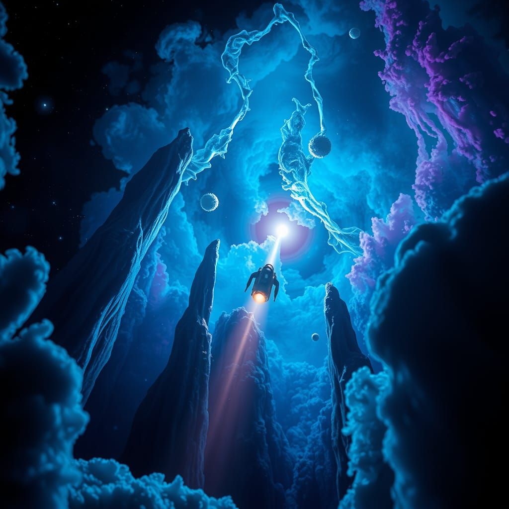 Spacecraft Soaring Through Pillars of Creation Nebula