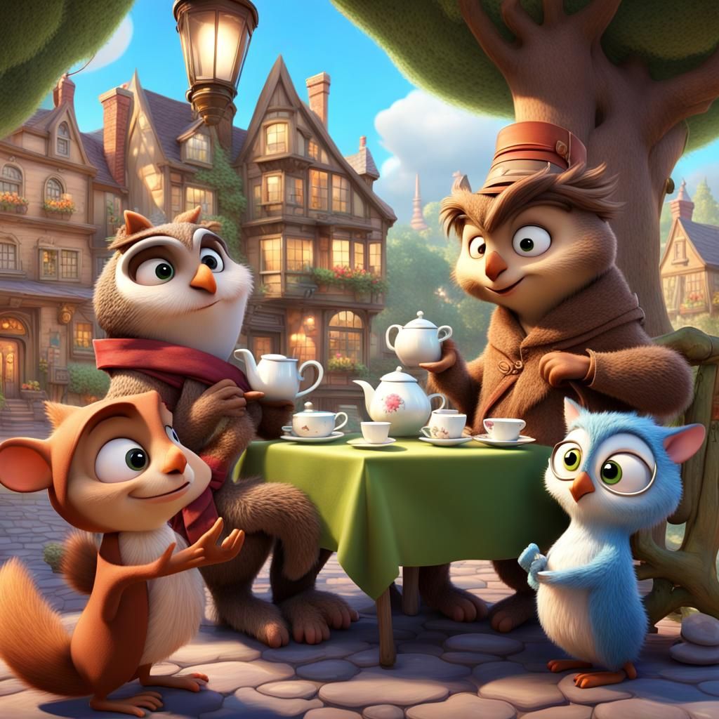 Enchanting Tea Party in Storybook Town: 3D Digital Art