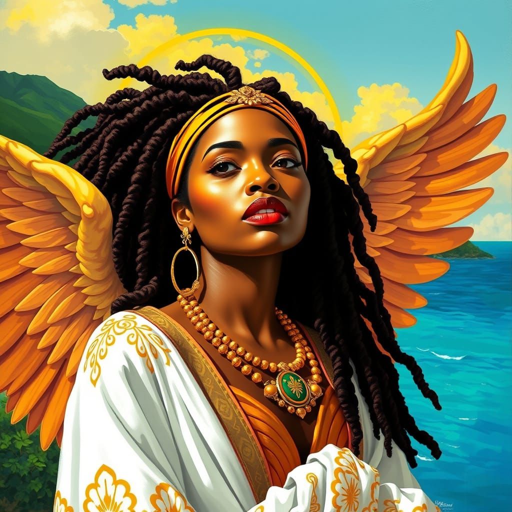 Jamaican Goddess Emerging from Vibrant Island Paradise