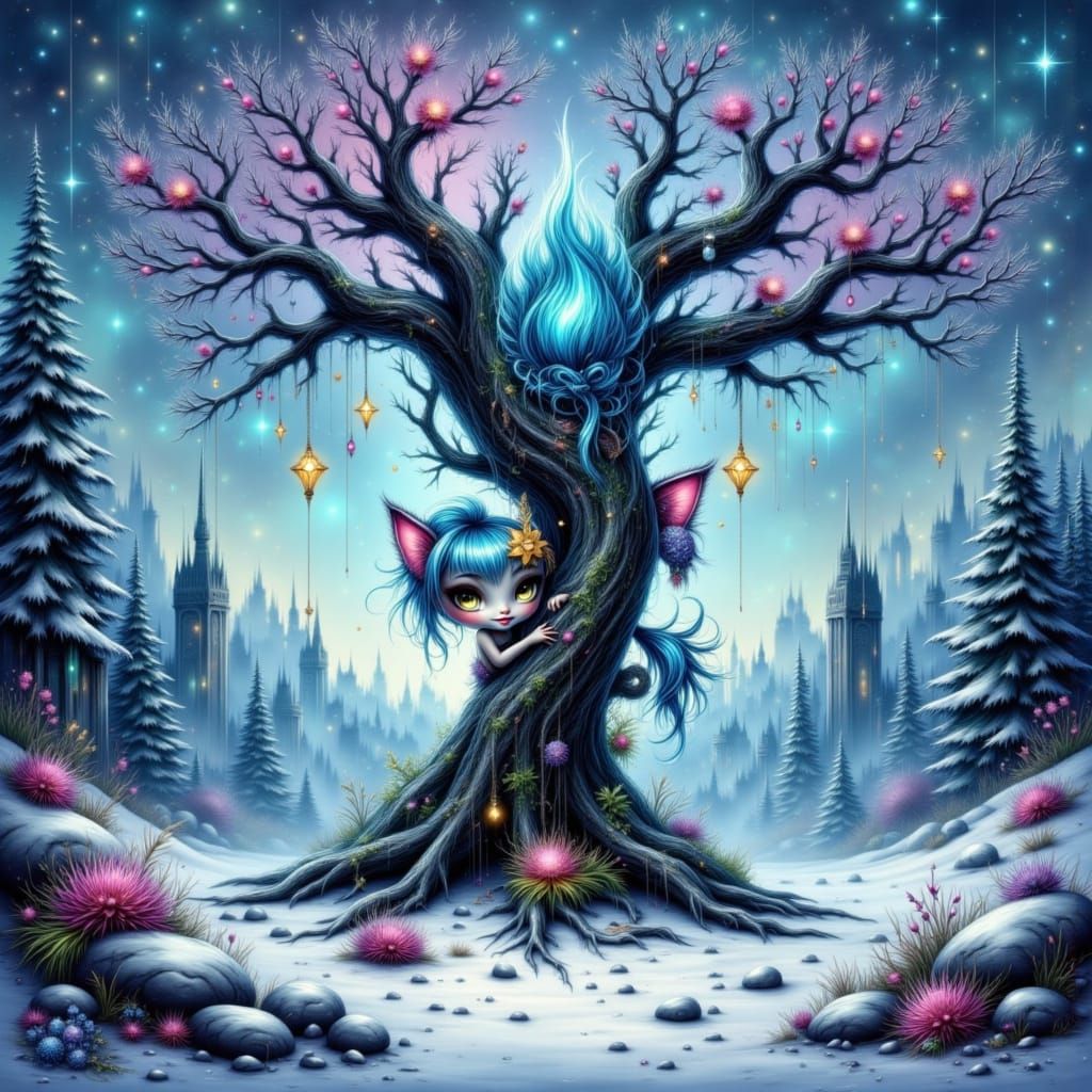 Gothic Winter Wonderland: Ethereal Tree of Life with Chibi M...