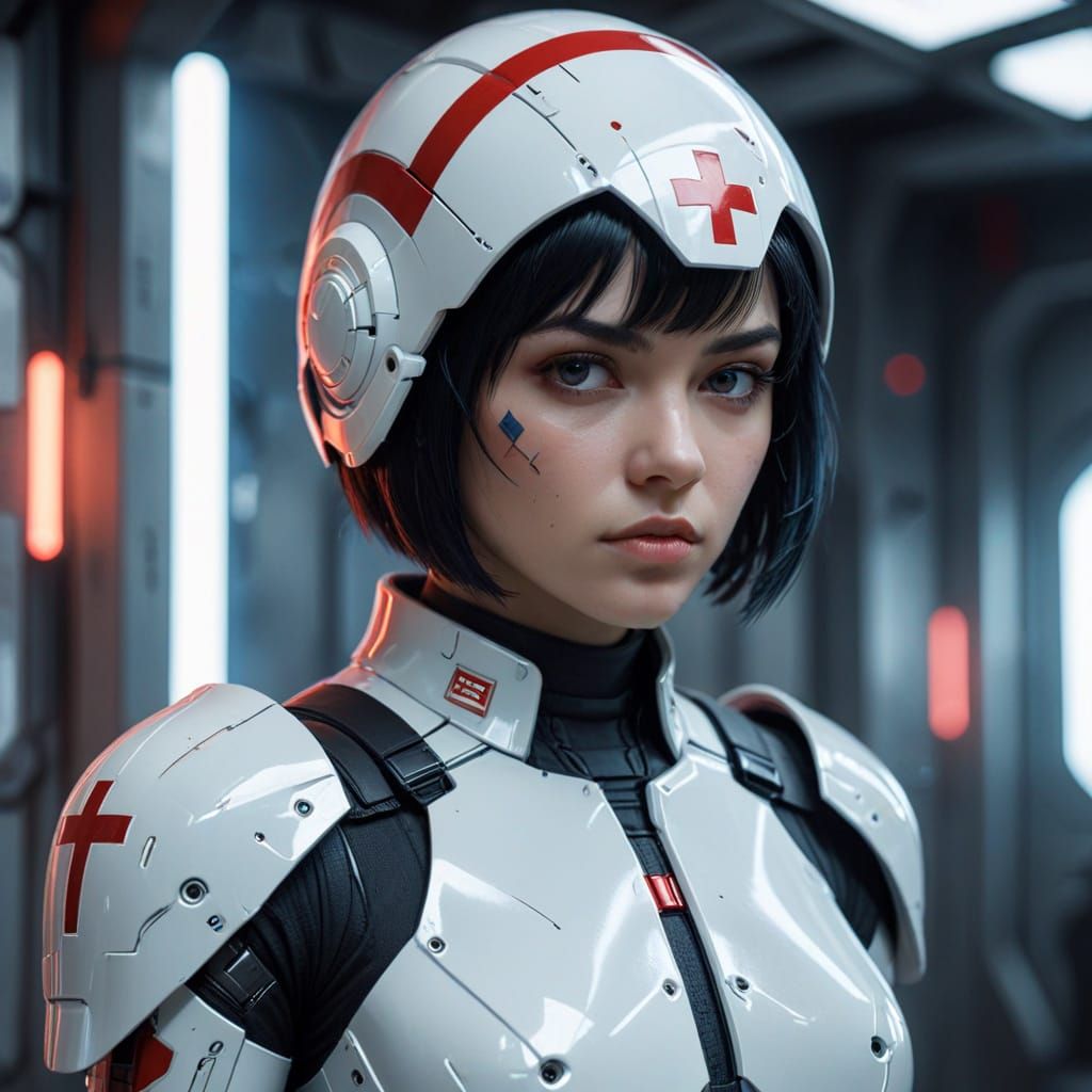 Futuristic Soldier in White Armor with Red Crosses