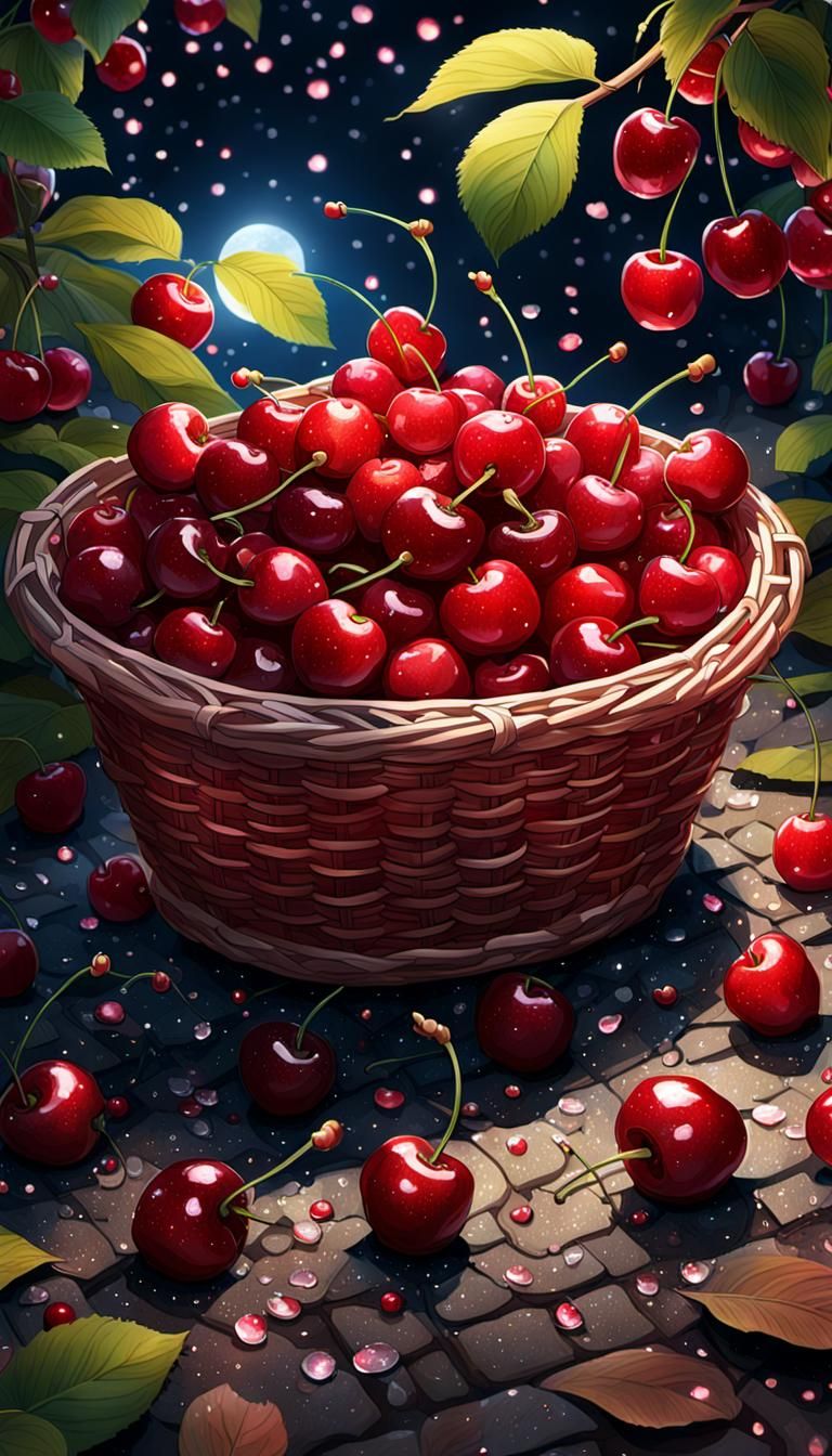 Sparkly Cherries in Basket Under Sakura Petals