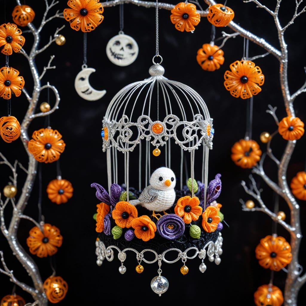 Klimt Inspired Halloween Birdcage with Celestial Elements