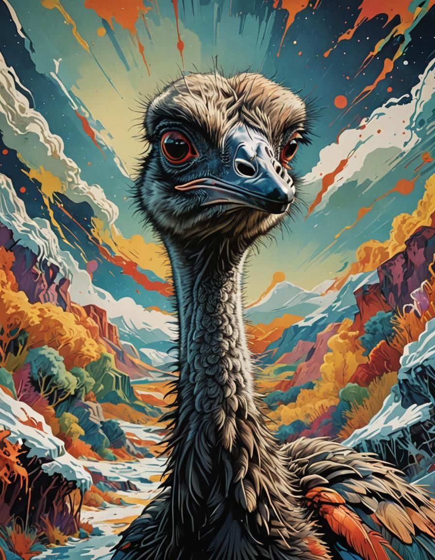 Colorful Ostrich Portrait in Marcel Duchamp Style