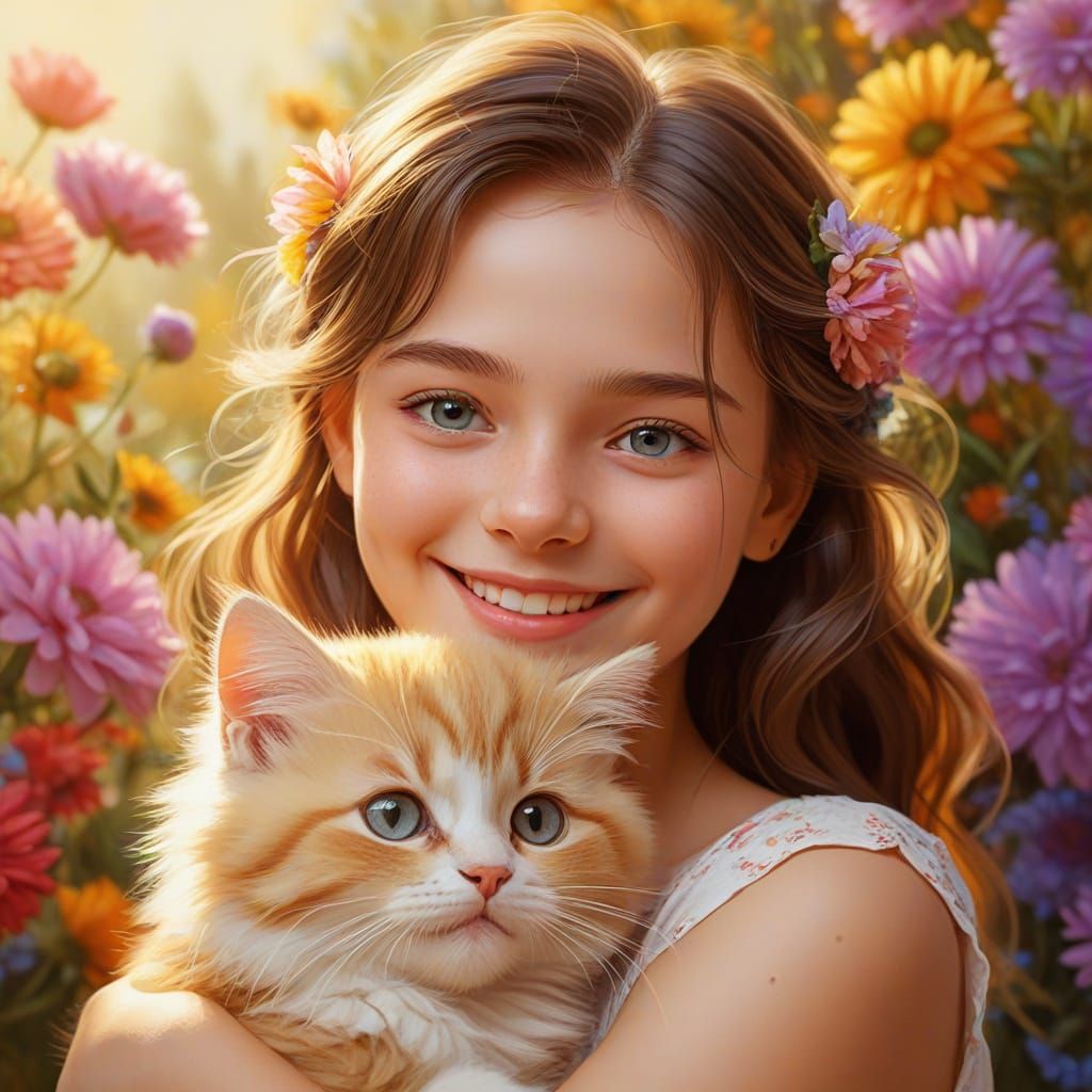 Joyful Girl Hugs Kitten in Whimsical Fantasy Scene