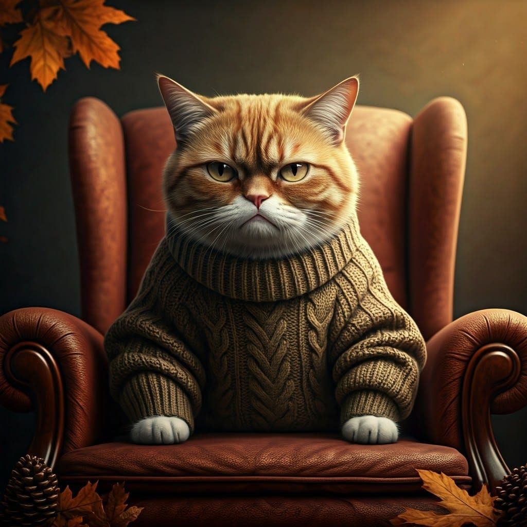 Grumpy Cat in Sweater with Autumnal Backdrop