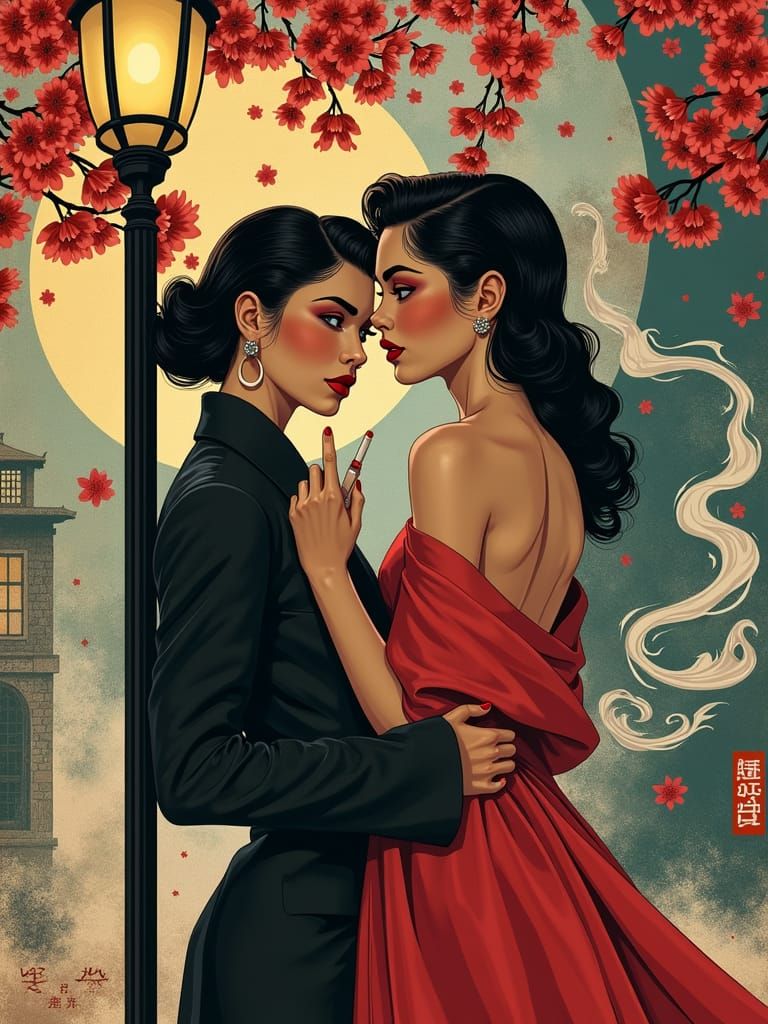 A captivating book cover for a lesbian pulp noir fiction novel, blending the aesthetics of Taisho-era art and collage st...