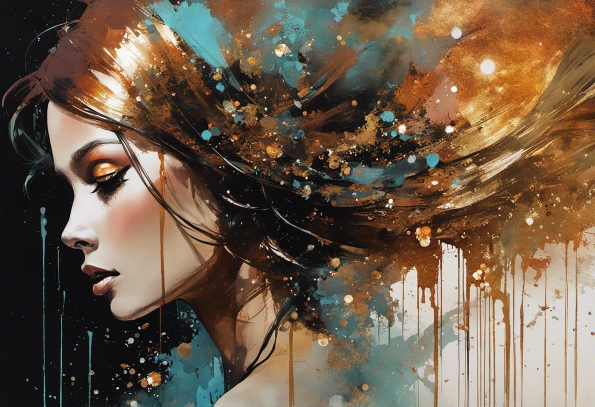 Iridescent Glitter Night in Watercolor Collage Style