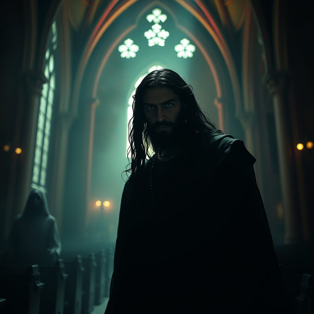 Vampire Jesus in Gothic Church, Dark Fantasy Art