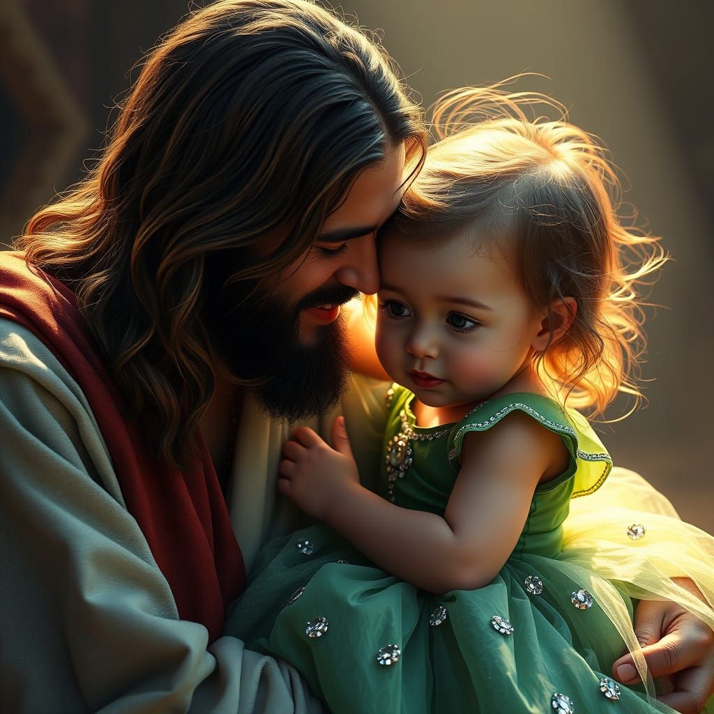 Jesus Tenderly Interacts with a Sweet Baby Girl in a Green P...