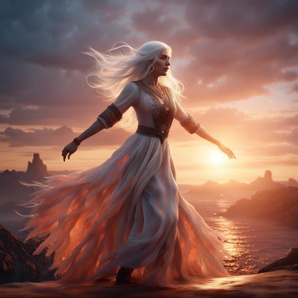 White-Haired Woman Dancing in Sunrise: Fantasy Art