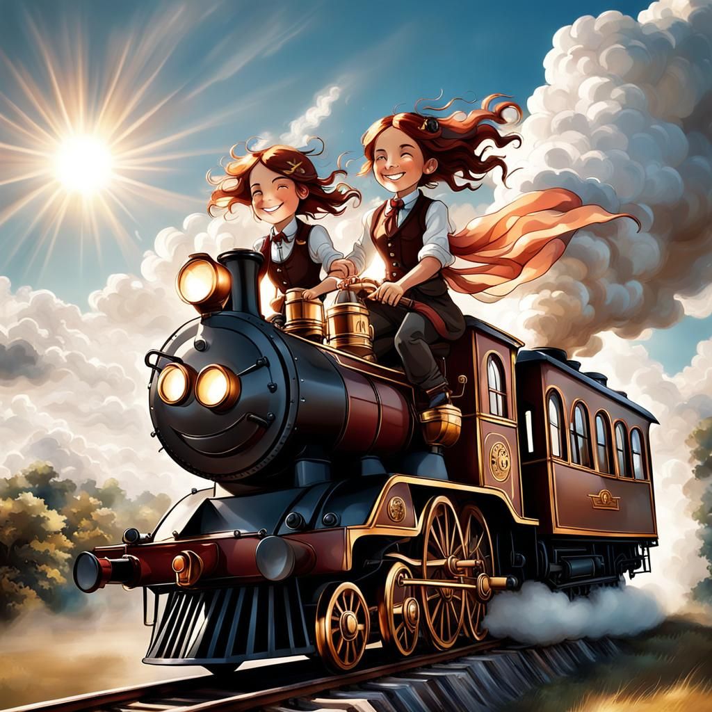 Happy Children Ride Steampunk Train in Divine Light