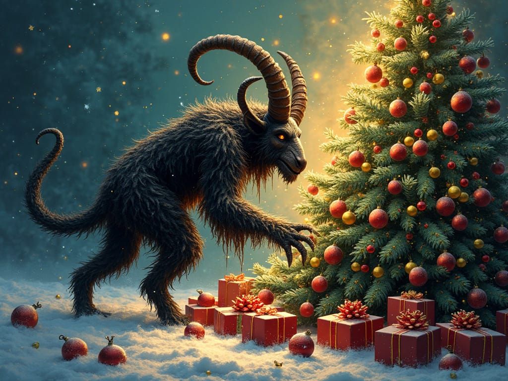 Krampus sneaking around a Christmas tree and stealing the pr...
