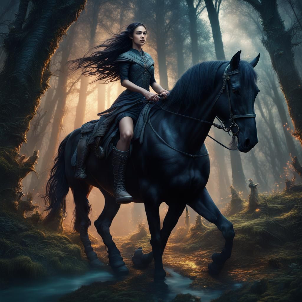 Girl on Black Horse in Magical Forest