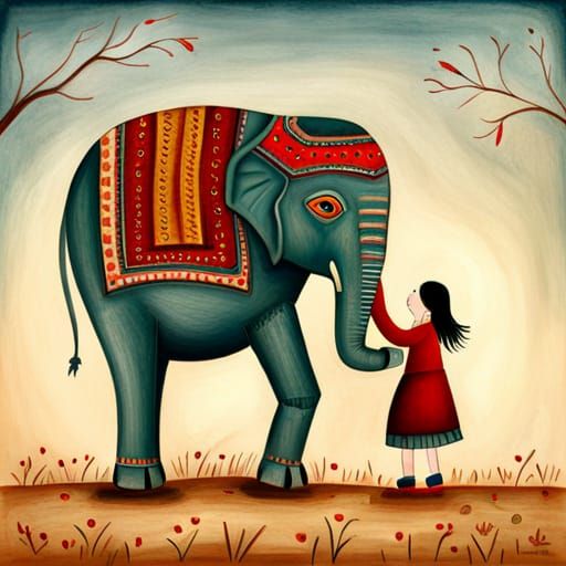 Girl Carries Elephant: Naive Art Pencil Drawing