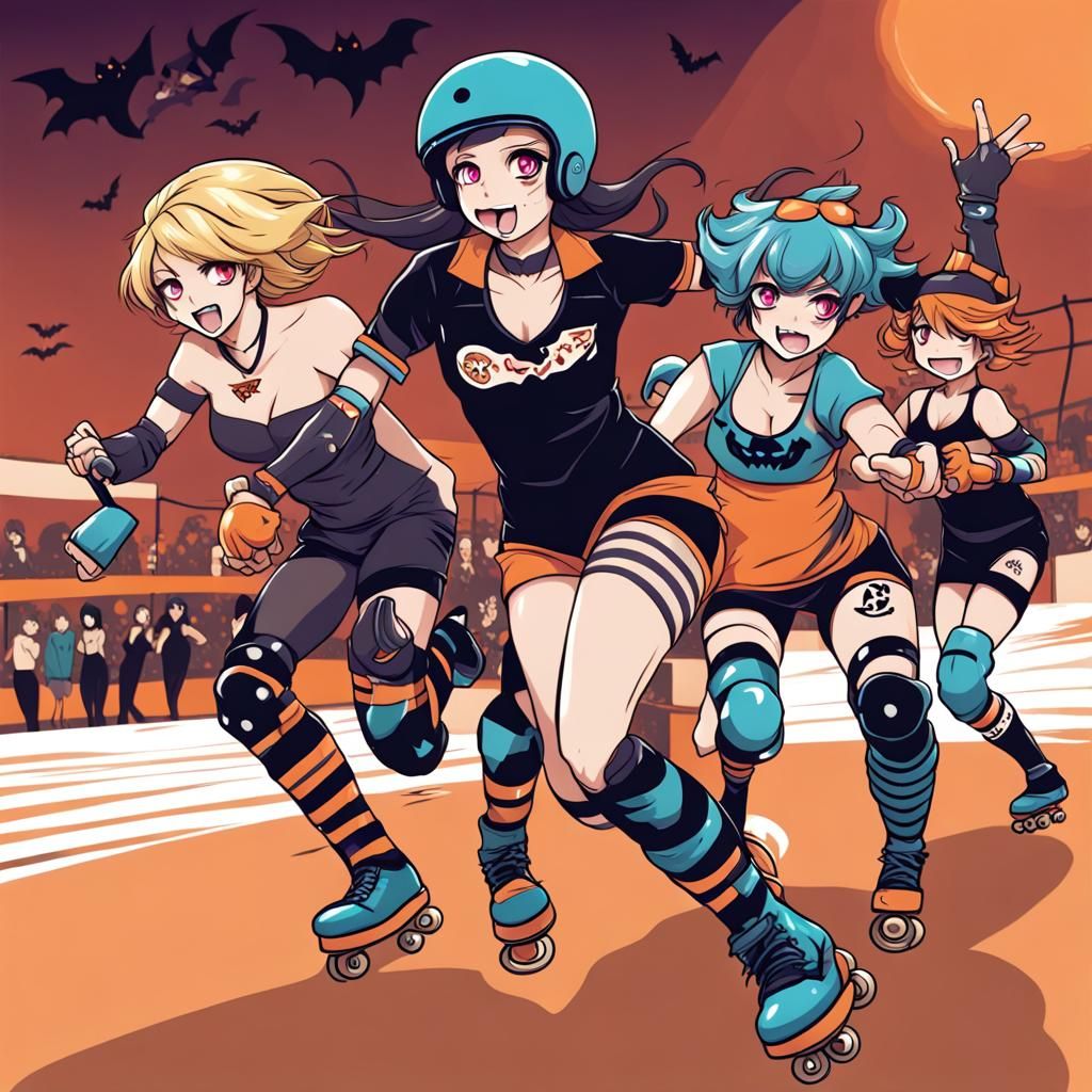 Roller Derby Player Slide Surfing in Anime Style