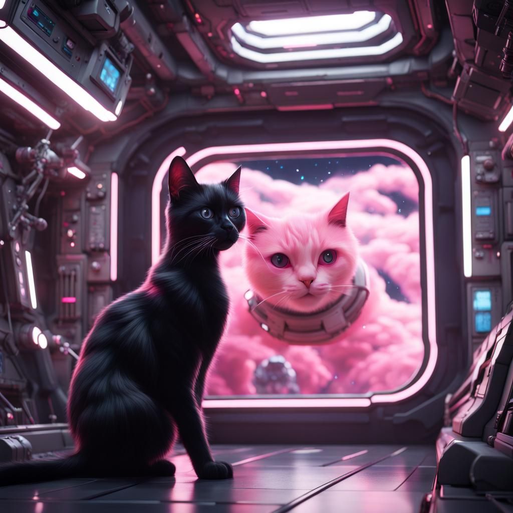 Cat Astronaut in Space Station: Detailed Digital Art