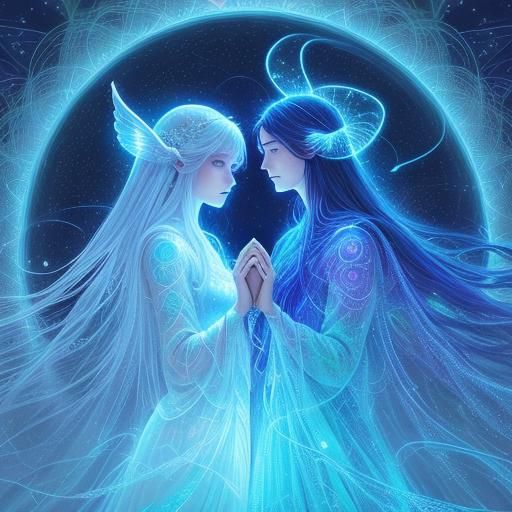 Angelic Figures Connect Hands in Cosmic Surrealism