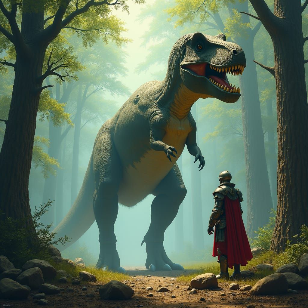 Knight and T-Rex in Primeval Forest
