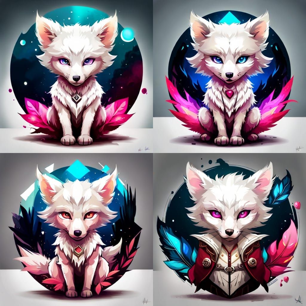 Chibi White Fox Portrait in Polychrome Splash Art