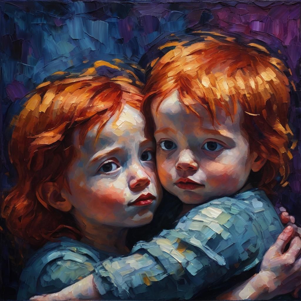 Red-Haired Babies Hugging in Neo-Impressionist Style