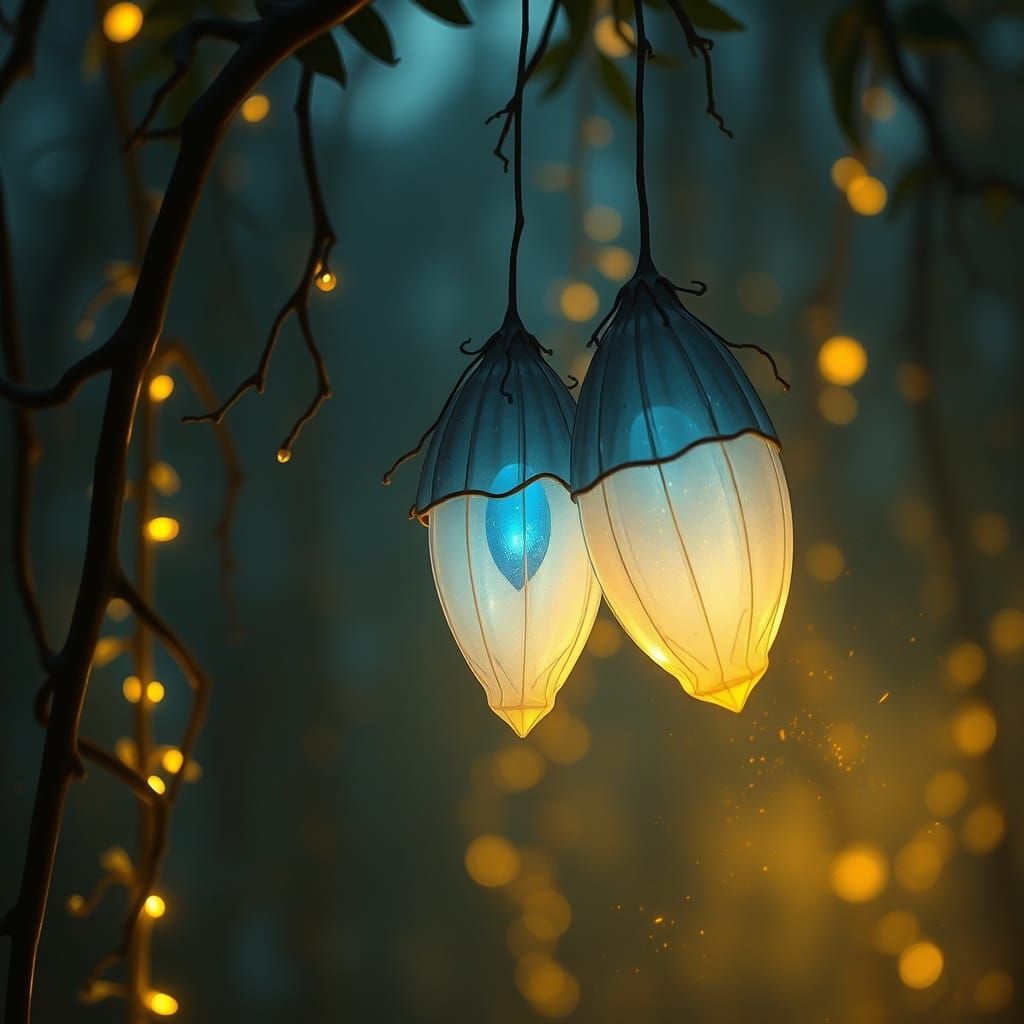 Glowing Cocoons in Ethereal Twilight Forest