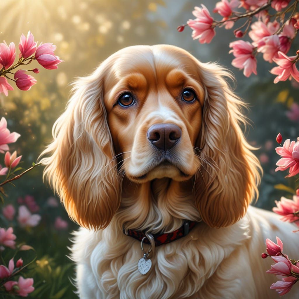Impressionist Golden Cocker Spaniel in Whimsical Floral Sett...