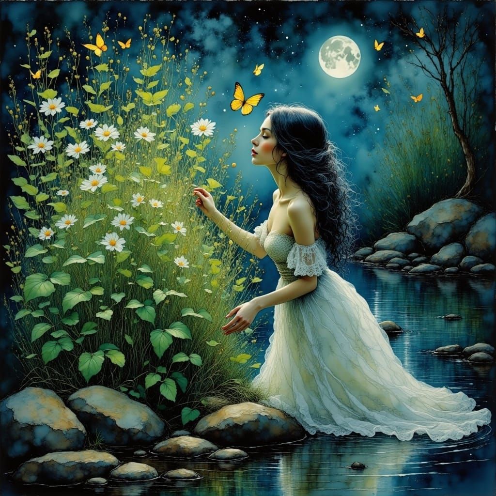 Luminous Night Garden with Serene Figure and Lemon Balm Bush