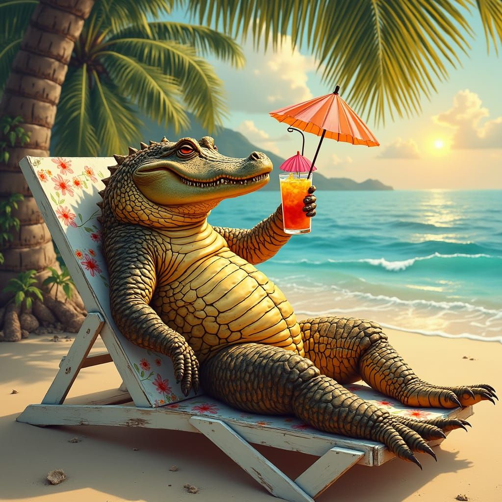 Alligator Lounging on Beach Sipping Cocktail