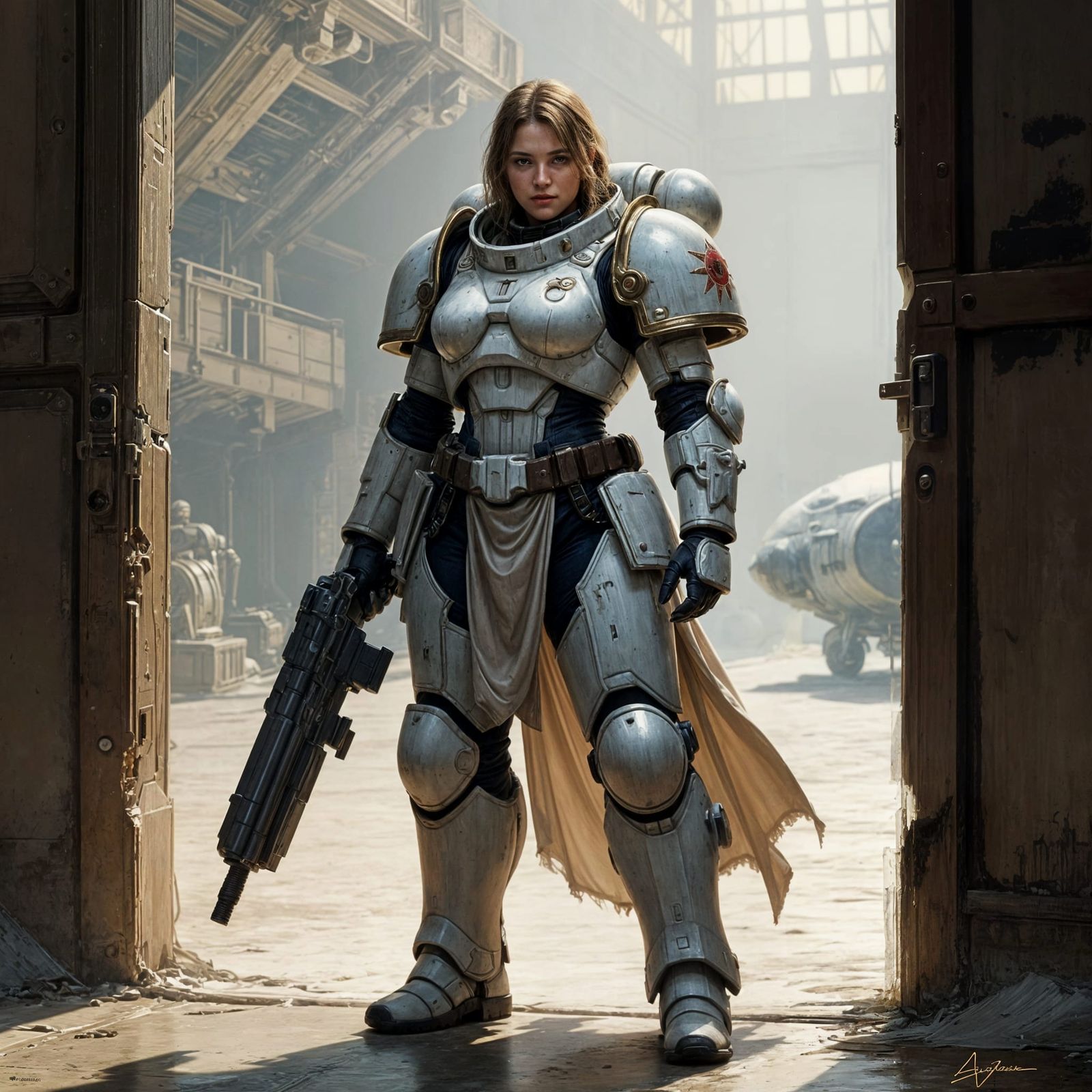 Female Space Marine Guarding Hangar Bay in Oil Painting