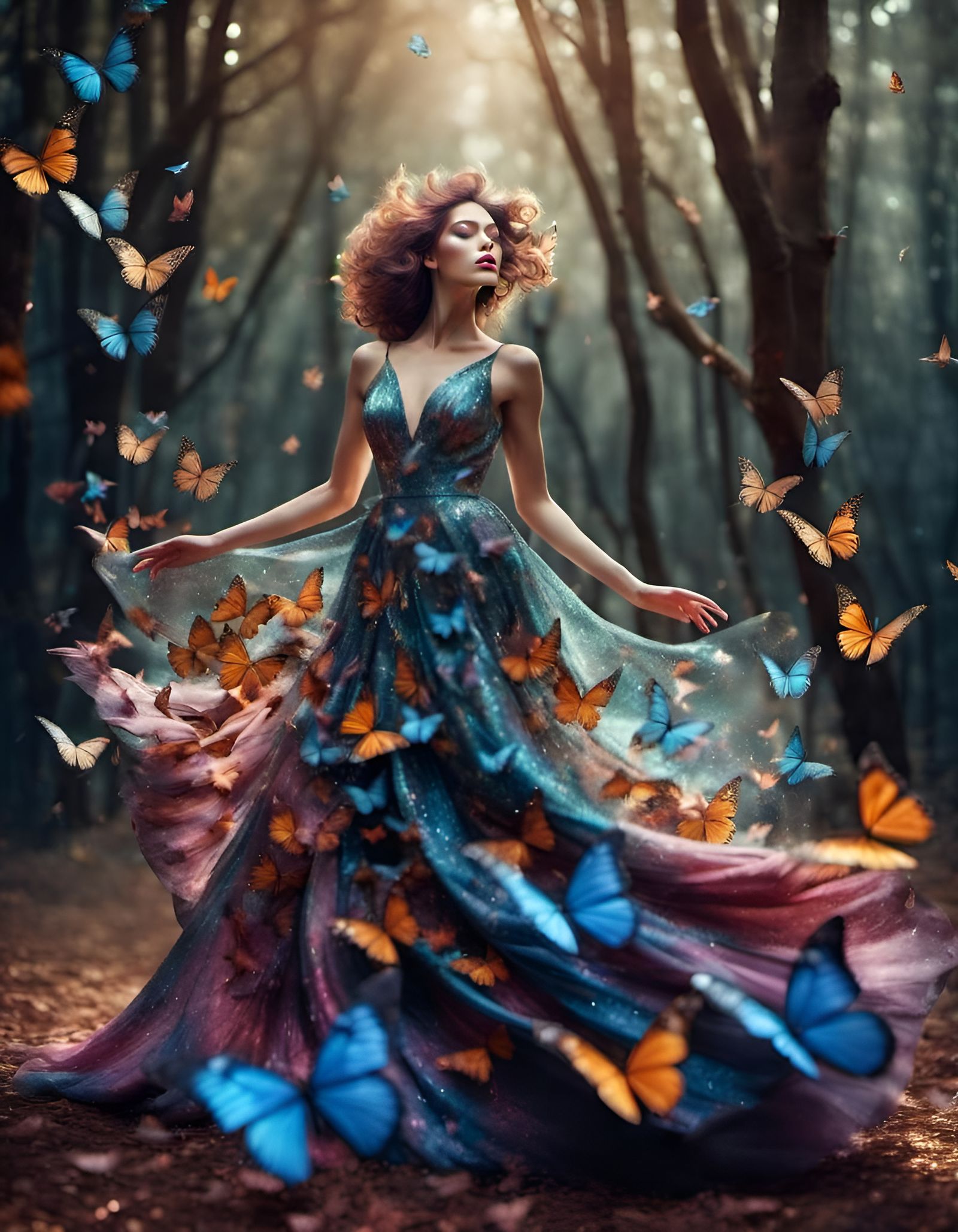 Woman with Butterflies in Flowing Hair