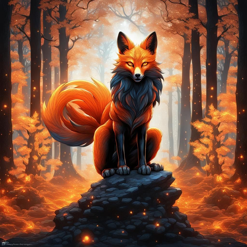 orange and black nine tailed fox