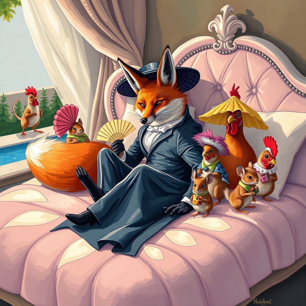 Fox Lounging with Chickens in Abstract Art Style