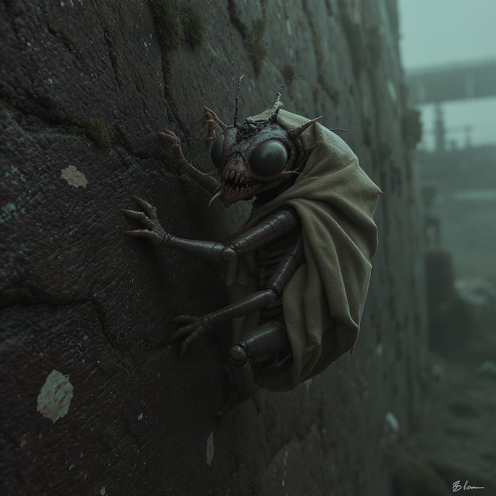 Grotesque Humanoid Insect Crawling Up Mossy Wall