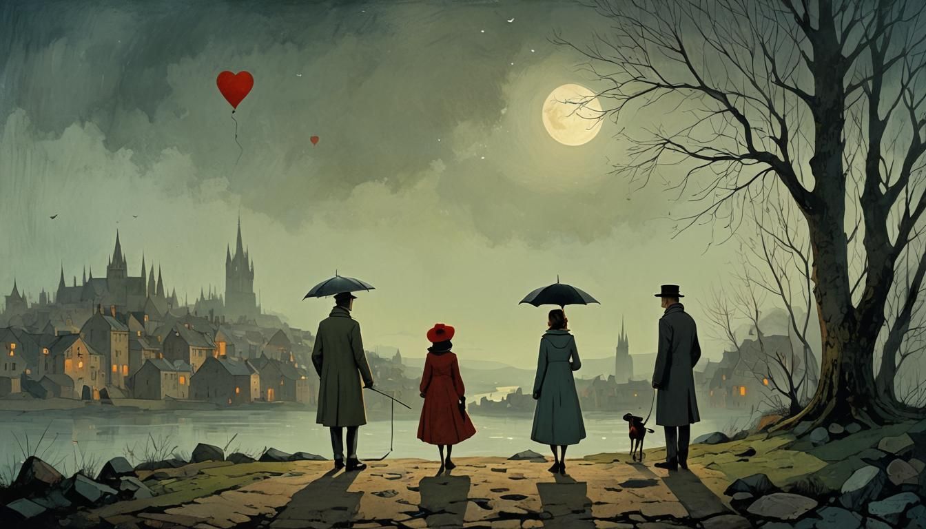 Moody Love Story Illustration in Folk Art Style