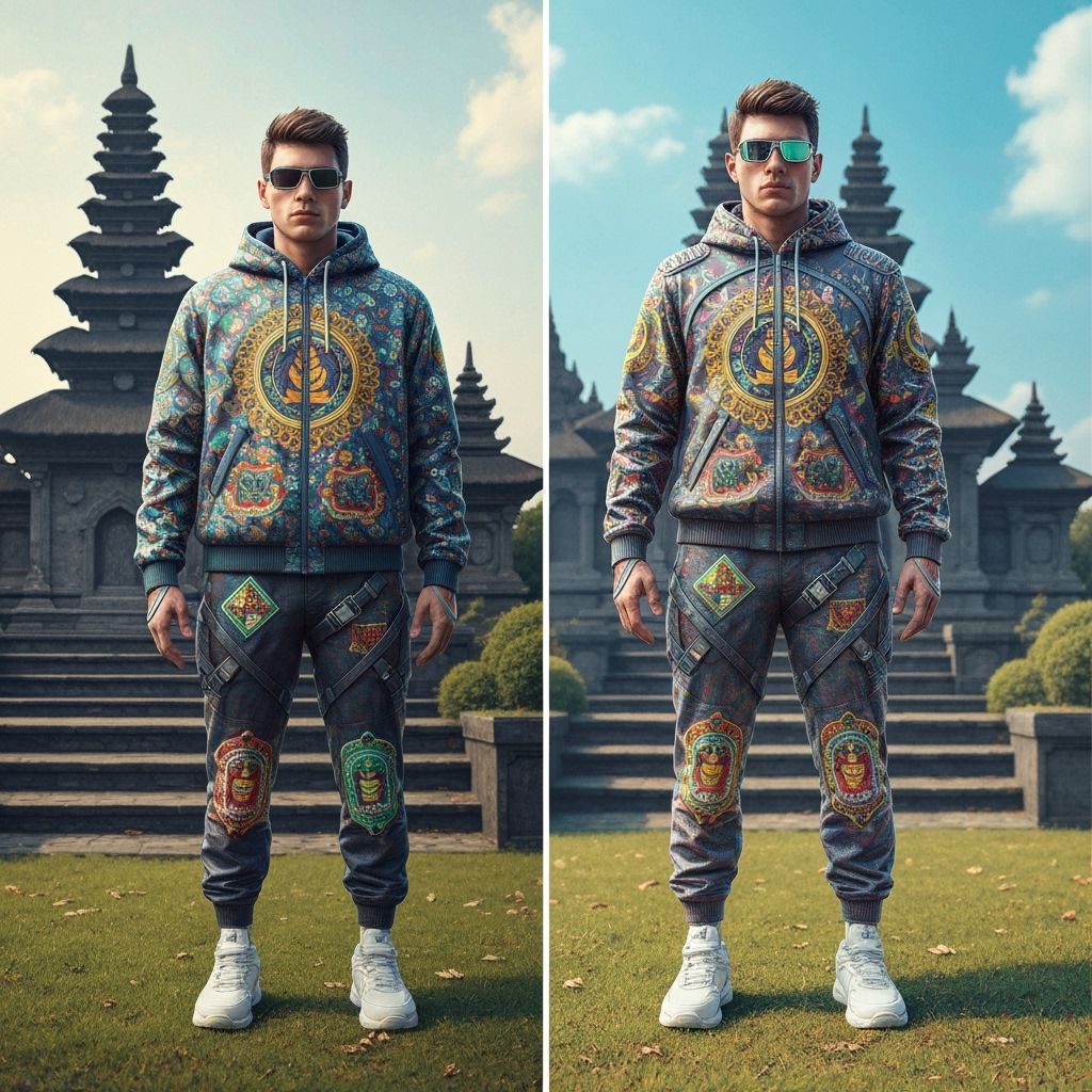 Futuristic Streetwear Fashion with Temple Backdrop