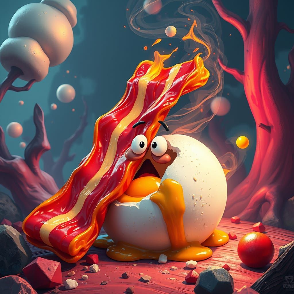 Whimsical Bacon and Egg Fantasy Scene