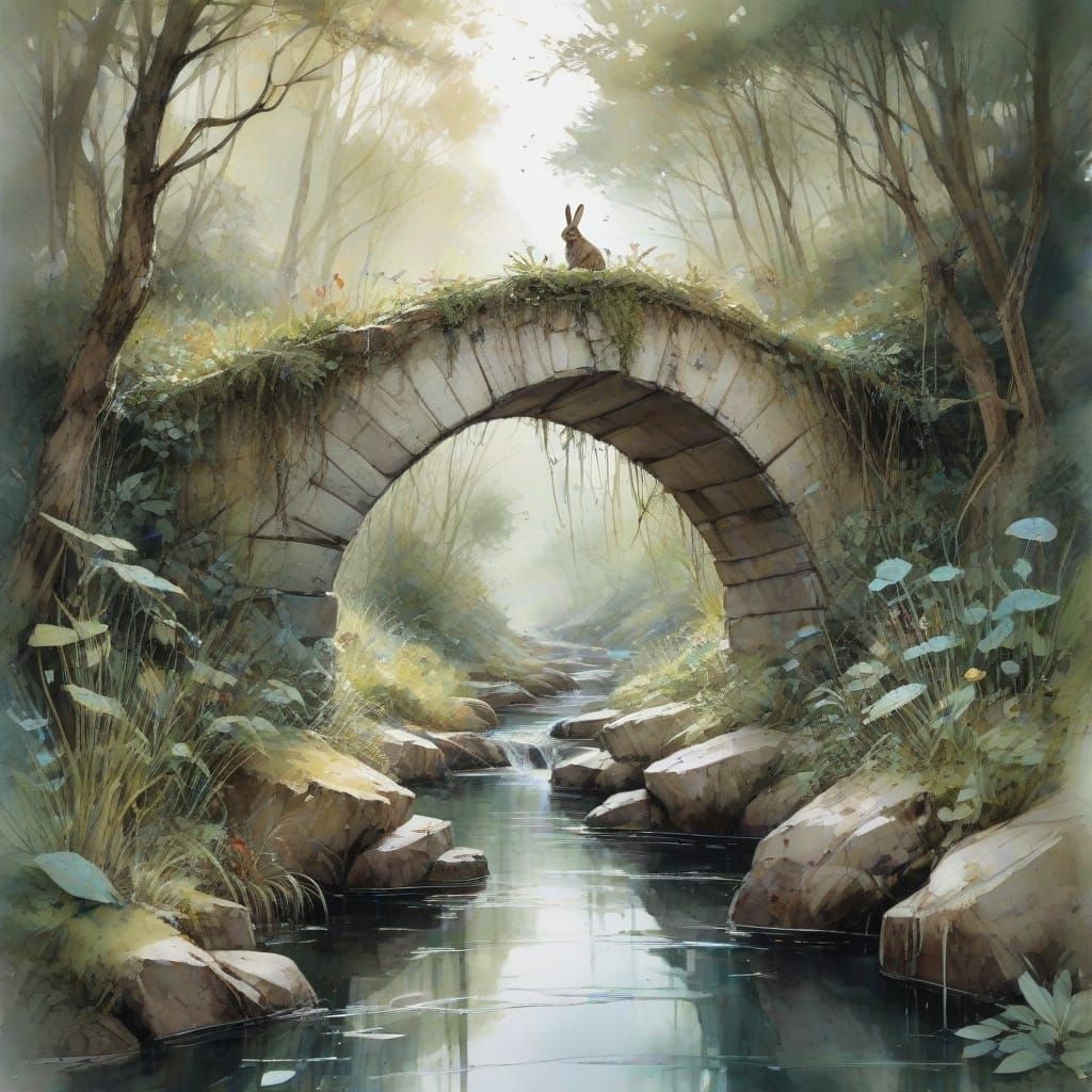 Bioluminescent Stone Bridge at Dusk: Watercolour Art