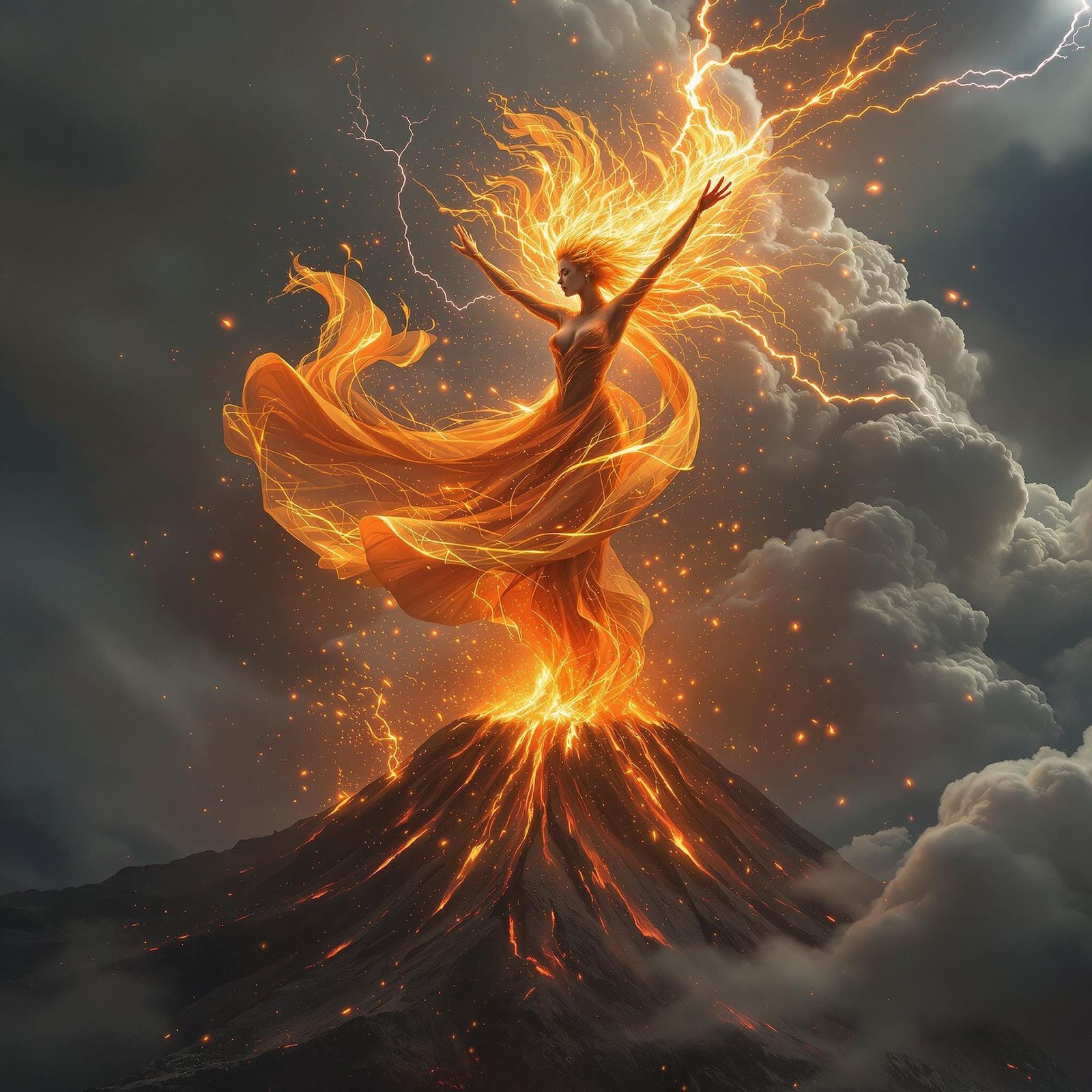 Ethereal Fire Spirit Dances Above Volcano in Oil Realism